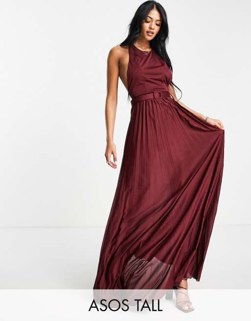ASOS DESIGN Tall - Vestito lungo a pieghe rosso allacciato al collo con cintura