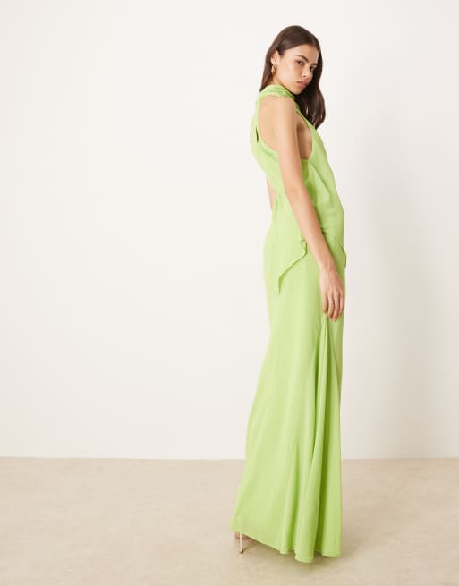 ASOS DESIGN Tall - Vestito lungo accollato a doppio strato in chiffon color lime, 4 di 4