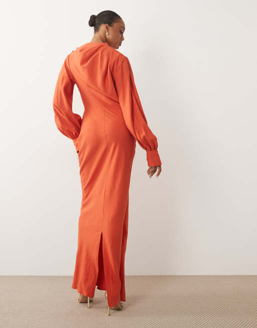 ASOS DESIGN Tall - Vestito lungo accollato drappeggiato arancione, 3 di 4