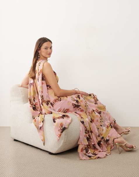 ASOS DESIGN Tall - Vestito lungo allacciato al collo con stampa a fiori, foulard e fondo con volant - view 1