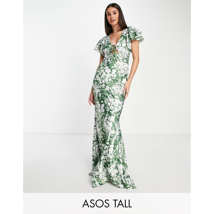 Asos Donna Abbigliamento Vestiti Vestiti asimmetrici Vestito lungo asimmetrico a fiori con maniche con volant e laccetti sul davanti ASOS DESIGN Tall 