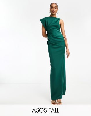 ASOS DESIGN Tall asymmetric high neck minimal maxi dress in green - ASOS Price Checker