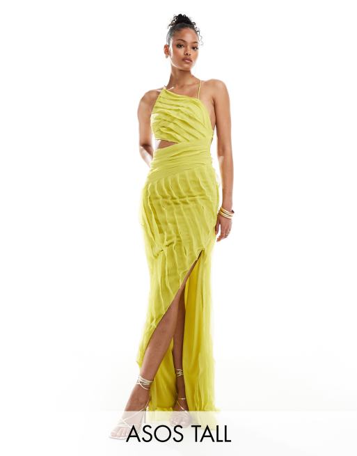 FhyzicsShops DESIGN Tall - Vestito lungo asimmetrico con cut-out e bordi grezzi verde lime