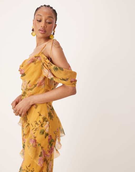ASOS DESIGN Tall - Vestito lungo giallo a fiori con spalle scoperte, taglio sbieco e volant, 4 di 4