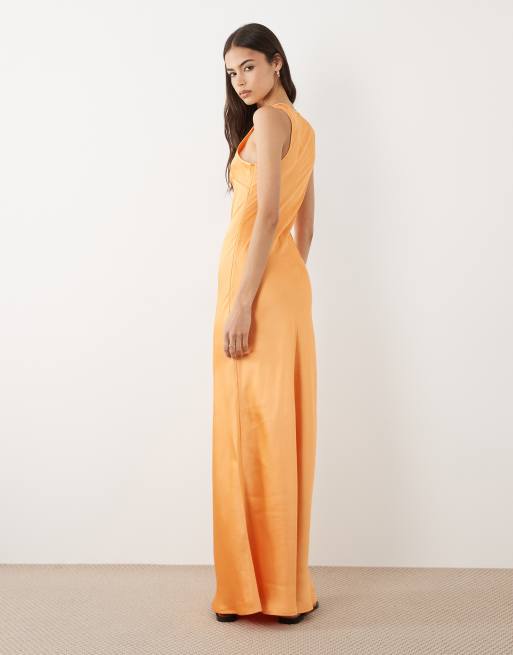 ASOS DESIGN Tall - Vestito lungo in raso arancione con scollo rotondo, 4 di 4