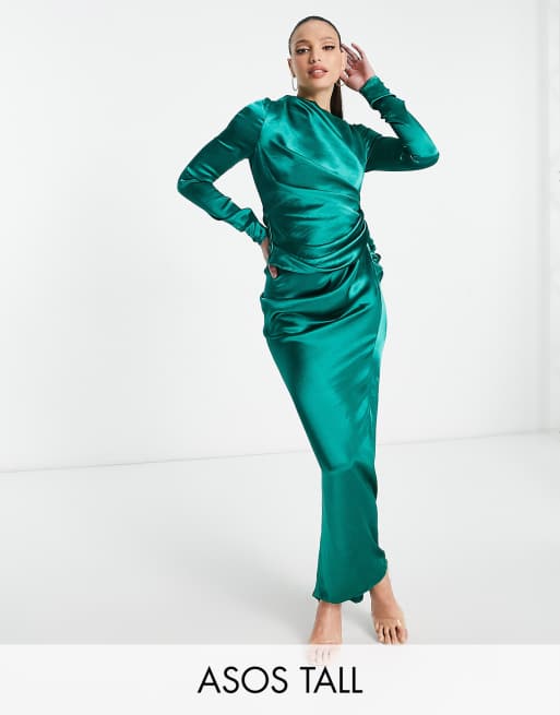 ASOS DESIGN Tall - Vestito lungo in raso verde drappeggiato