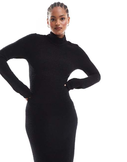 ASOS DESIGN Tall - Vestito lungo in tessuto bouclé morbidissimo nero con collo alto, 4 di 4
