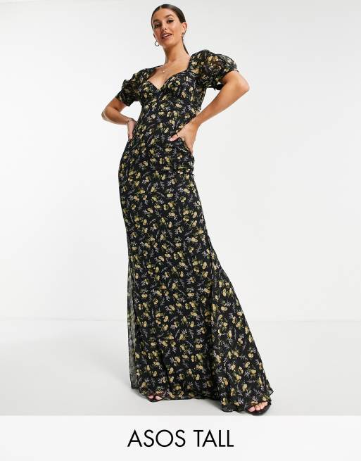 ASOS DESIGN Tall - Vestito lungo nero a fiorellini con taglio sbieco 