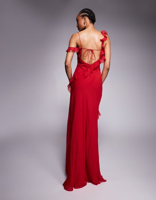 ASOS DESIGN Tall - Vestito lungo rosso con bordi grezzi, volant e allacciatura sul retro, 2 di 4