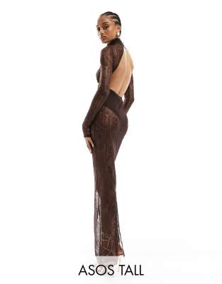 FhyzicsShops DESIGN Tall - Vestito lungo stile body con strato sovrapposto in pizzo color cioccolato