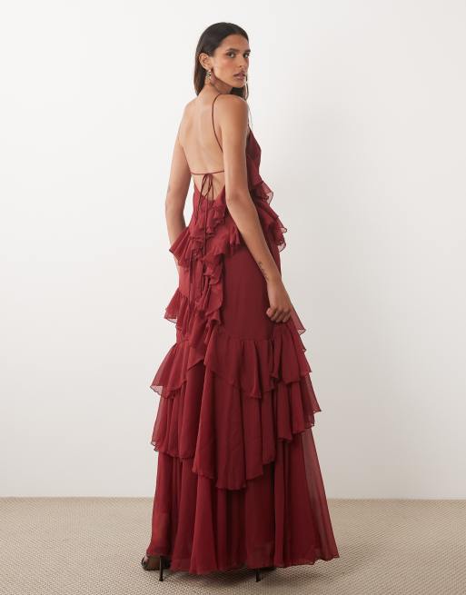 ASOS DESIGN Tall vestito maxi con collo alto, schiena scoperta e volant in bordeaux, 2 di 4