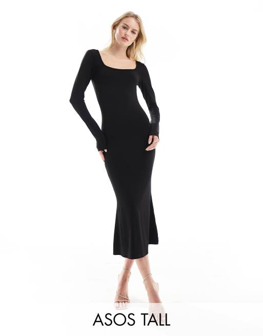ASOS DESIGN Tall - Vestito midi a maniche lunghe nero con silhouette morbida e scollo squadrato