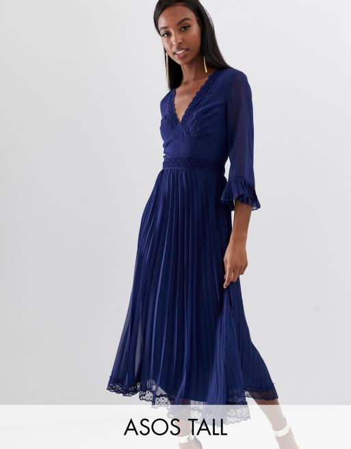 ASOS DESIGN Tall - Vestito midi a pieghe con inserti in pizzo
