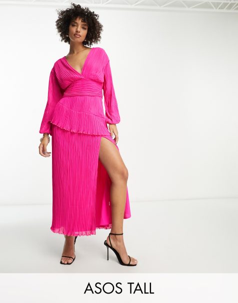 ASOS DESIGN Tall - Vestito midi a pieghe rosa acceso con cintura - view 1