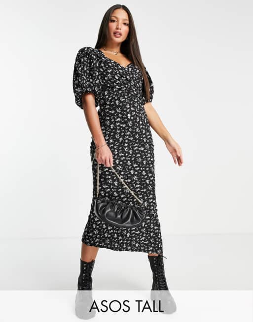 ASOS DESIGN Tall - Vestito midi a portafoglio allacciato sul retro con maniche a sbuffo e stampa a fiorellini 
