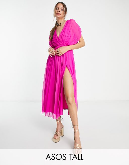 ASOS DESIGN Tall - Vestito midi a portafoglio color magenta a pieghe 