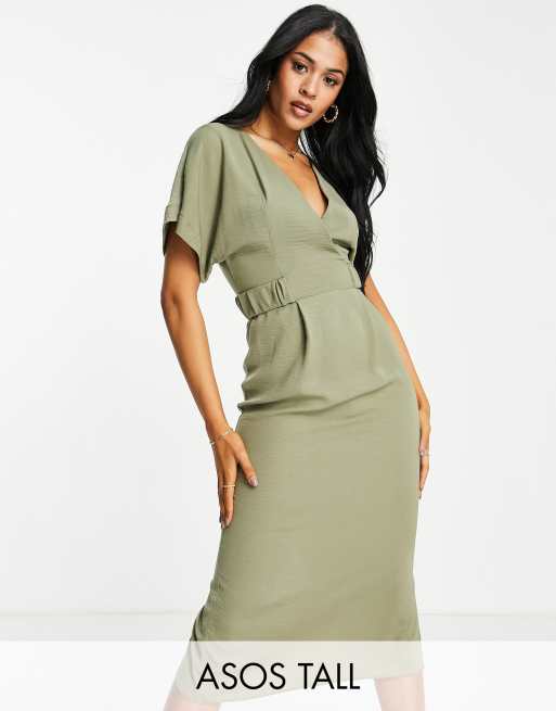 ASOS DESIGN Tall - Vestito midi a portafoglio con fettucce elasticizzate kaki