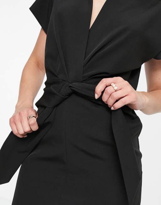 ASOS DESIGN Tall - Vestito midi a portafoglio nero con colletto e nodo , 3 di 4