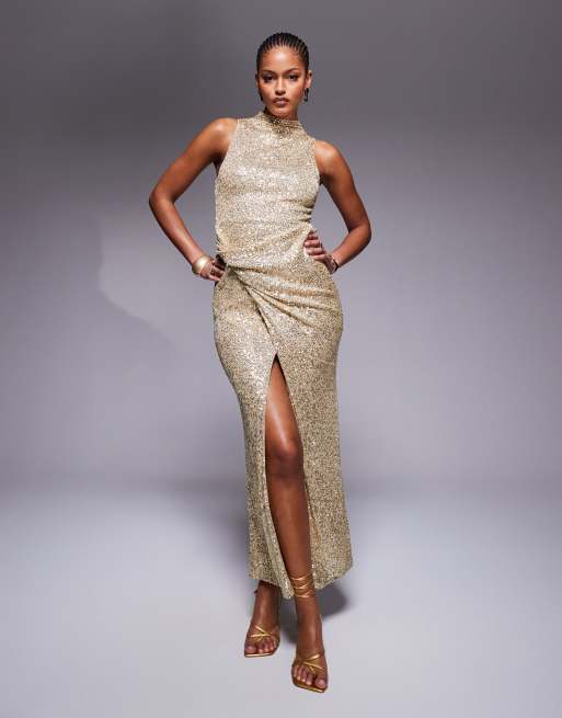 ASOS DESIGN Tall - Vestito midi accollato color oro con paillettes e dettaglio attorcigliato sulla gonna