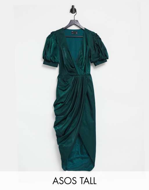 ASOS DESIGN Tall - Vestito midi avvolgente drappeggiato e strutturato con maniche a sbuffo