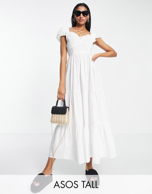 ASOS DESIGN Tall - Vestito midi con bustino arricciato e gonna a strati bianco