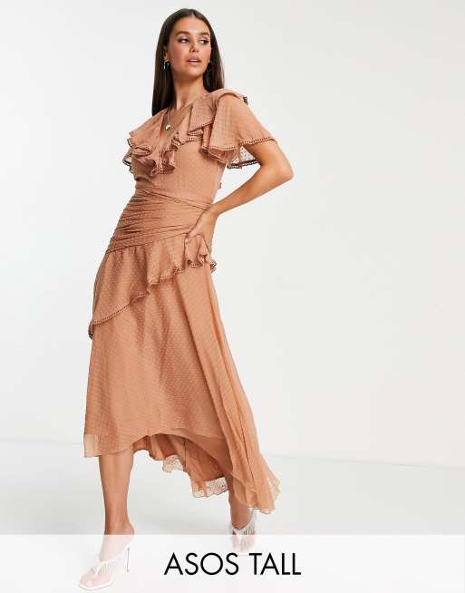 ASOS DESIGN Tall - Vestito midi con dettaglio drappeggiato in chiffon plumetis con laccio