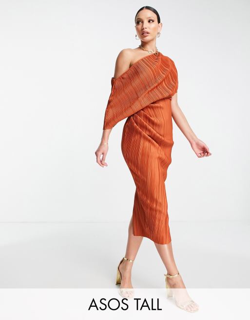 ASOS DESIGN Tall - Vestito midi con spalle scivolate in plissé color cannella