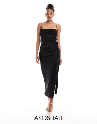 ASOS DESIGN Tall - Vestito midi con spalline sottili e bustino arricciato in raso nero increspato - view 1