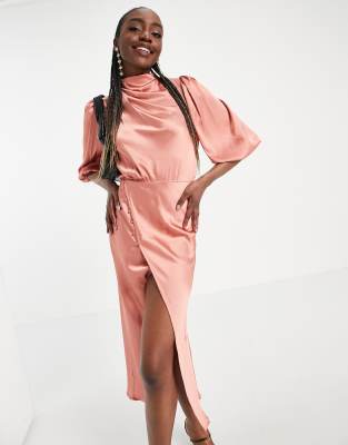ASOS DESIGN Tall - Vestito midi da giorno in raso a pieghe con scollo ad anello morbido e maniche a sbuffo, colore rosa polvere  donna Rosa - immagine1