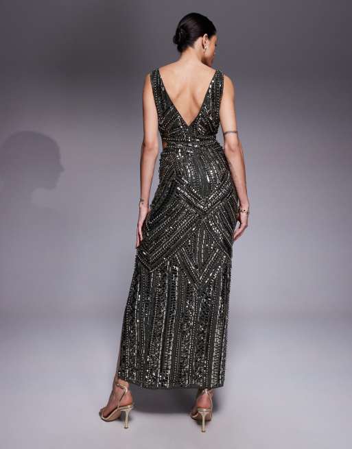 ASOS DESIGN Tall - Vestito midi decorato kaki scuro con cut-out in vita, 2 di 4