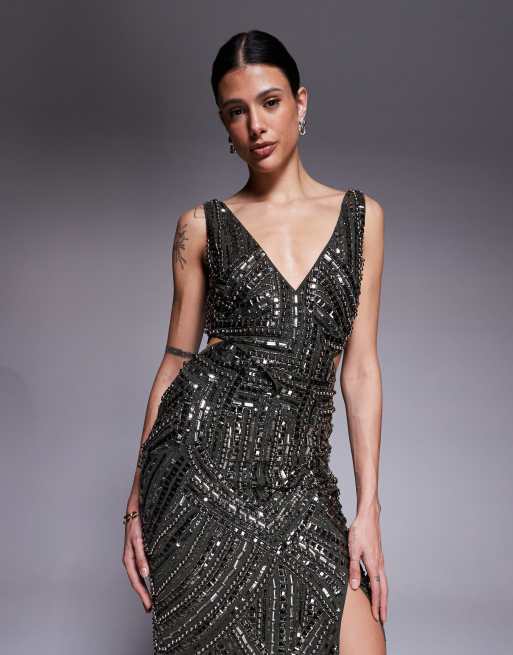 ASOS DESIGN Tall - Vestito midi decorato kaki scuro con cut-out in vita, 4 di 4