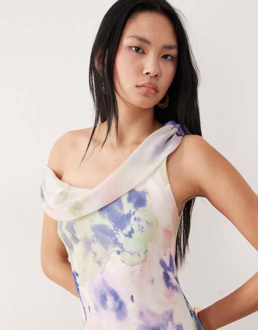 ASOS DESIGN Tall - Vestito midi in chiffon con spalle scese e incrocio con stampa astratta, 2 di 4