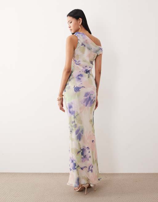 ASOS DESIGN Tall - Vestito midi in chiffon con spalle scese e incrocio con stampa astratta, 3 di 4