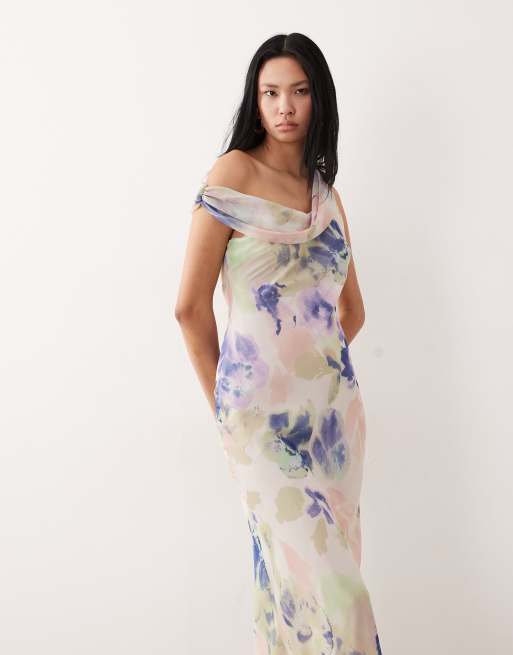 ASOS DESIGN Tall - Vestito midi in chiffon con spalle scese e incrocio con stampa astratta, 4 di 4