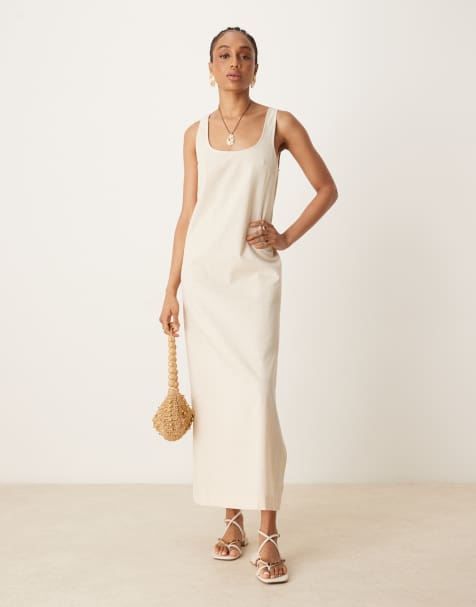 ASOS DESIGN Tall - Vestito midi in lino e cotone color avena con scollo rotondo - view 1
