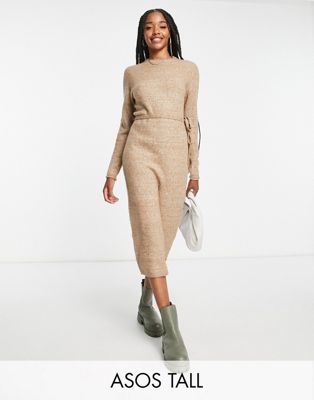 ASOS DESIGN Tall knitted midi dress with tie waist in taupe - ASOS Price Checker