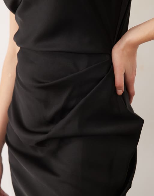 ASOS DESIGN Tall - Vestito midi in raso nero accollato con corpino a pieghe, 2 di 4