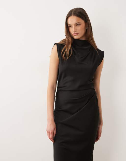 ASOS DESIGN Tall - Vestito midi in raso nero accollato con corpino a pieghe, 3 di 4