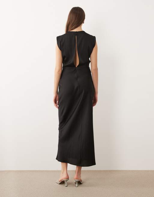 ASOS DESIGN Tall - Vestito midi in raso nero accollato con corpino a pieghe, 4 di 4