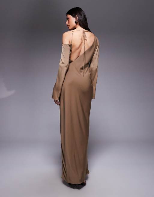 ASOS DESIGN Tall - Vestito midi marrone allacciato sulla schiena con scollo asimmetrico, 3 di 4