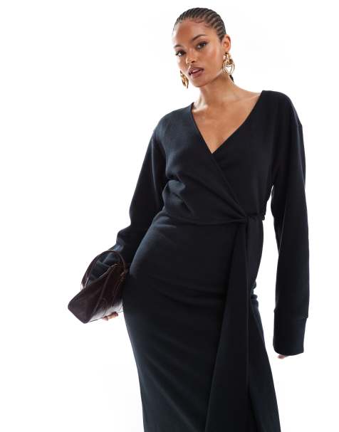 ASOS DESIGN Tall - Vestito midi morbidissimo nero allacciato in vita con scollo profondo - view 1