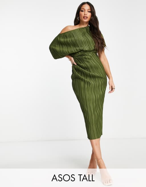 ASOS DESIGN Tall - Vestito midi plissé color oliva con spalle scivolate