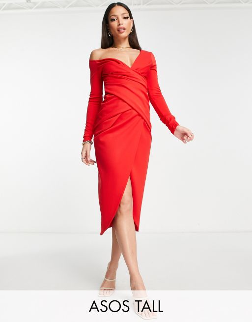 ASOS DESIGN Tall - Vestito midi rosso con pieghe e spalle scivolate