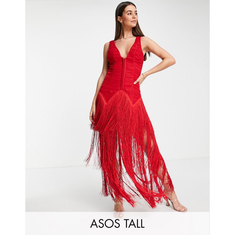Vestiti da sera Vestiti DESIGN Tall - Vestito midi rosso in rete con corsetto sceso in vita e frange