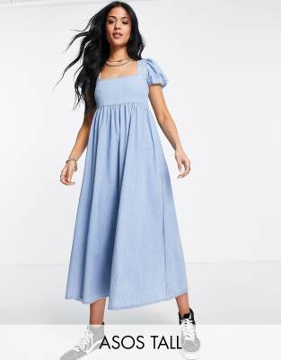 Asos Design Tall - Vestito Midi Stile Babydoll Di Jeans Morbido, Lavaggio Medio-Blu