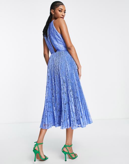 ASOS DESIGN Tall - Vestito per il ballo di fine anno midi scamiciato blu con pizzo a pieghe, 4 di 4