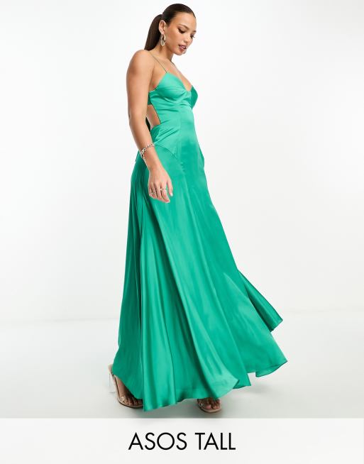 ASOS DESIGN Tall - Vestito skater lungo in raso verde smeraldo con fascette sul retro