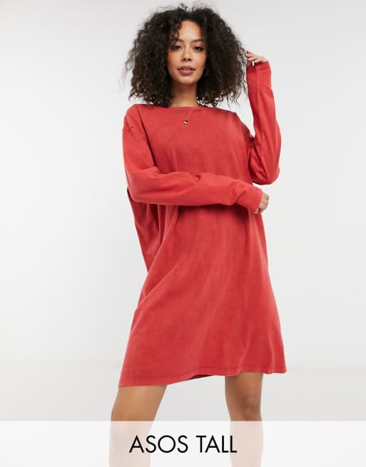 ASOS DESIGN Tall - Vestito t-shirt oversize a maniche lunghe colore arancione bruciato lavaggio acido