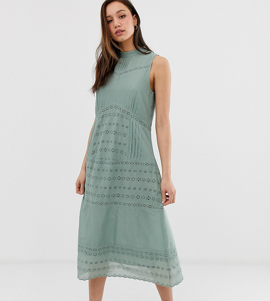 ASOS DESIGN - Tall - Victoriana - Mouwloze midi-jurk met kanten inzetstuk-Groen