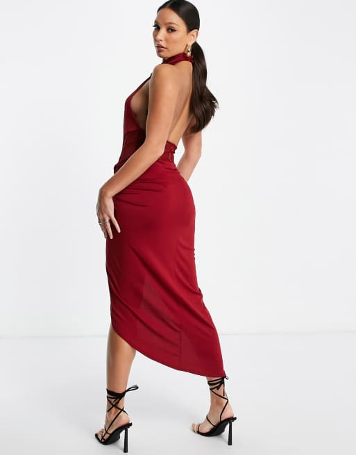ASOS DESIGN Tall – Vinröd midiklänning med draperad ringning och korsett-liv av mesh, 2 av 4